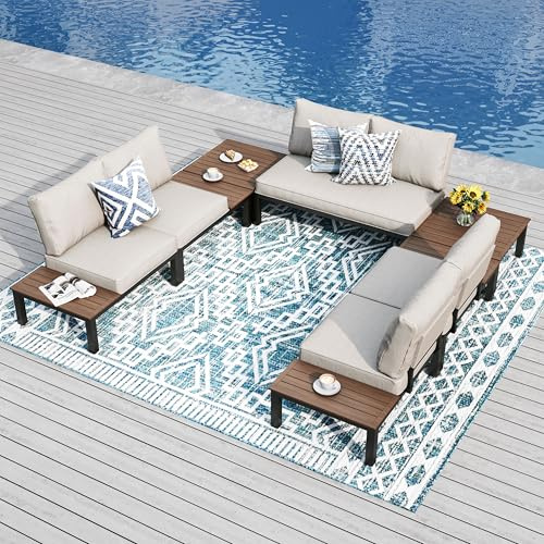 PHI VILLA Gartenmöbel Balkonmöbel Set 7 Teilig, Metall Lounge Möbel Outdoor Gartenlounge Set 6-Sitzer, Terrassenmöbel Modulare Möbel mit Verstärkten Kissen und Kaffeetisch, Beige