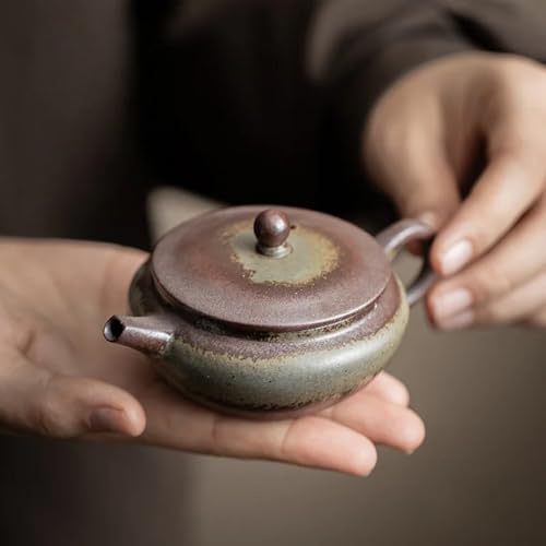 LEEDJUINE Old Rock Mud - Tetera plana de cerámica retro china, 100 ml, 3.3 onzas, juego de té Kung Fu, tetera con filtro de agujero de bola