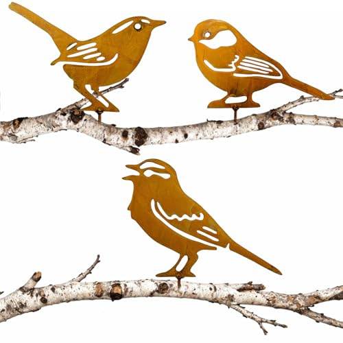 3 Stück Gartenstecker Vögel Metall,Rost Vogel Gartendeko,Edelrost Vögel Baumstecker für Zaun Äste usw (Vögel 1)