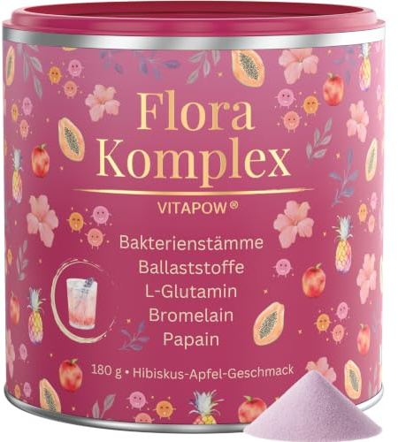 Flora Kulturen Komplex Pulver – Bakterienkulturen, Ballaststoffe & Enzyme | 20 Bakterienstämme (10 Mrd. KBE/Portion), vegan, ohne Zuckerzusatz, ohne Süßstoffe, Hibiskus-Apfel-Geschmack, 30 Portionen