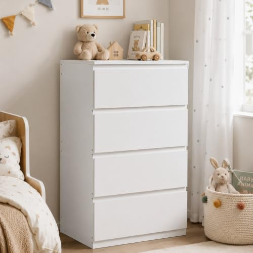 ZECIIYE Kommode mit 4 Schubladen,Sideboard,Nachttisch,Beistelltisch,Modern Schmale Komode Weiß MDF Holz für Schlafzimmer Wohnzimmer Kinderzimmer Flur Badezimmer und Büro,60 x 40 x 98 cm