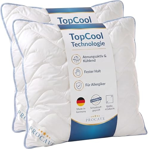 PROCAVE TopCool Kopfkissen Kochfest 40x40 cm (2er Set), Qualitäts-Stepp-Kissen, atmungsaktives Allergiker Kissen, Winter- und Sommer-Kissen 100% aus Deutschland