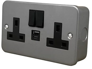 Evoges 20W USB C Fast Charge Metal Clad Double Socket, BS 1363-2:2023 Standard, Grey Wall Plug USB A+C, 13A Switched, Industrial Black Inserts