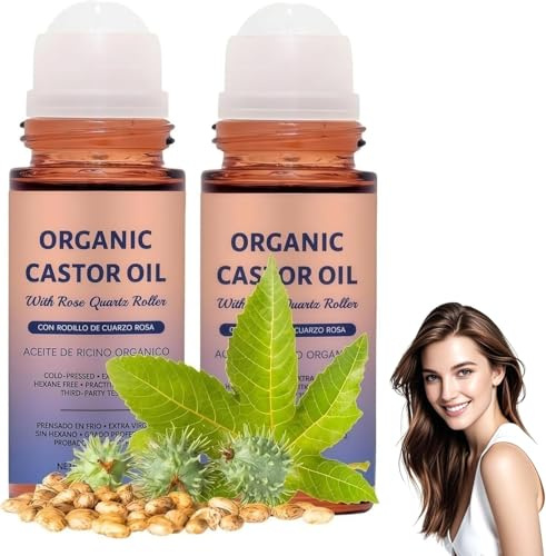 Organic Castor Oil Roll On with Rose Quartz Roller,100% Pure Cold-Pressed Castor Oil, Deep Moisturizing,Anti Ageing Skin Moisturising Castor Oil for Face,Under Eyes,Lashes & Hair (2 Bottle)