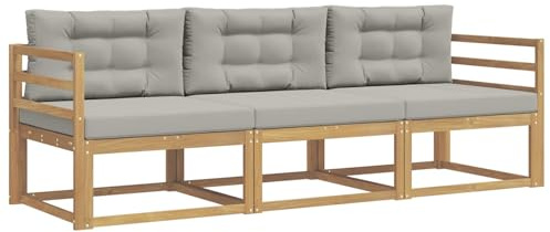 Mhdvray Outdoor Sofa Set aus Akazienholz Massiv, 3-Teilige Garten Lounge Couch mit Kissen, Modulare Gartengarnitur Sitzgruppe für Garten Terrasse Balkon, Weiß Hellgrau