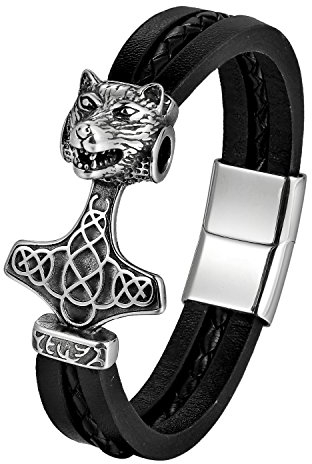 Thor Hammer Leder Armband Herren Schwer Kräftig Wolf Kopf Armreif mit Magnet Verschluss Jungen 21,5cm, Schwarz