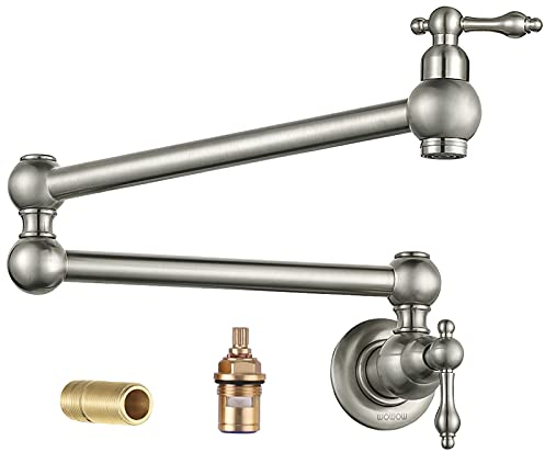 WOWOW Pot Filler Faucet Wall Mount - Brass Kitchen Commercial Folding Restaurant Copper 2 Handles Brushed Nickel Double Joint Swing Arm