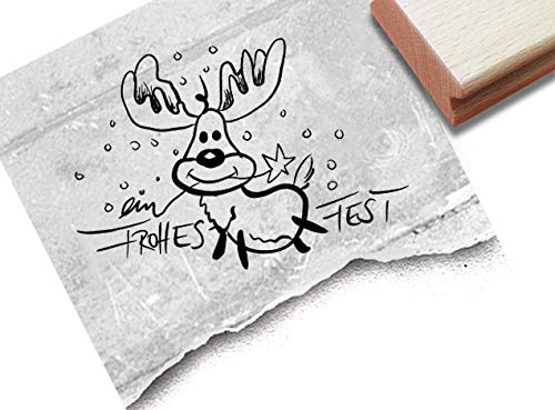 Stempel Weihnachtsstempel Ein frohes Fest mit Elch, 3 Größen - Textstempel Weihnachten Karten Geschenkanhänger Basteln Weihnachtsdeko - zAcheR-fineT (groß ca. 46 x 67 mm)