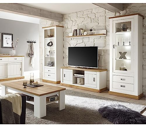 Wohnwand im Landhausstil, Pinie weiß, Wotaneiche, Lowboard, 2 Vitrinenschrank, Sideboard