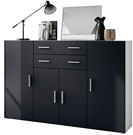 Vladon Highboard Aron Anrichte mit 2 Schubladen und 4 Türen mit insgesamt 8 Fächer dahinter, Weiß matt/Schwarz matt (166,5 x 106,5 x 35 cm)