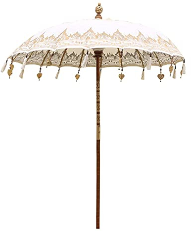 Oriental Galerie Bali Sonnenschirm Balinesischer Schirm Garten Baumwolle Handarbeit ideal für Balkon Dekoschirm 2-teilig ca. 130 Ø cm Variante, 130er Schirme:Weiß - Gold