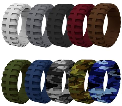 AZYOUNG Mens 9mm Wide Tire Pattern Silicone Wedding Band 10pcs set Black Brown Camo Blue Rubber Rings - US Size 7-14