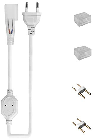 KSIBNW Cable de Alimentación LED de 1,5 m Con Botón de Interruptor, para Tiras LED de Neón de 220-240V, Incluye Tapa de Extremo de 2 Piezas, Kit de Clavijas de 2 Piezas