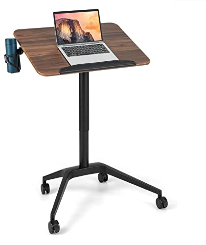 COSTWAY Stehschreibtisch höhenverstellbar von 74-107 cm, Sitz-Steh Schreibtisch mit Arbeitsplatte und 4 Rollen, Mobile Stehpult Laptoptisch Stehtisch für Wohnzimmer, Büro, Braun + Schwarz