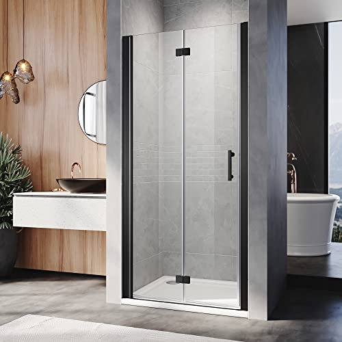 ELEGANT 900mm Black Bifold Shower Enclosure Frameless Bathroom Shower Doors 6mm Safety Bi-Fold Glass, Wetroom Shower Cubicles Reversible Folding Shower Door