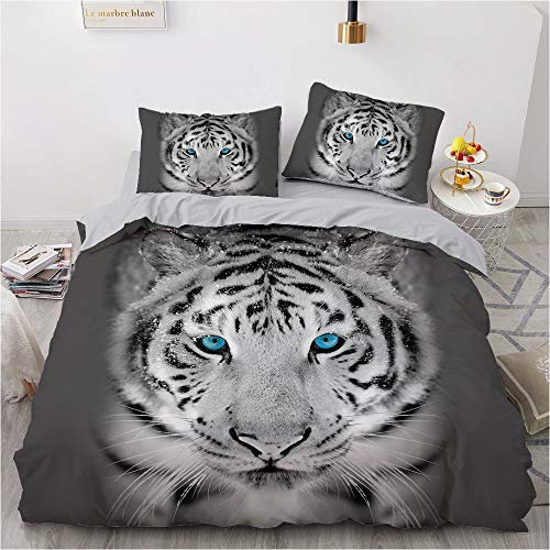 YASMENG Bettwäsche 155x220 3teilig Tiger Motiv Thema Weiß Grau 3D Bettbezug Set Weich Komfort Mikrofaser Bettwäsche für Geschenke Zimmer Deko mit Reißverschluss und 80x80 cm Kissenbezug