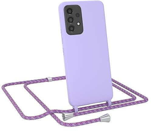 EAZY CASE - Handytasche zum Umhängen - kompatibel mit Samsung Galaxy A53 5G Handy Schutzhülle mit Band, Necklace Hülle, farbig TPU Case, Lavendel Lila mit Schnur Unicorn Clips Silber