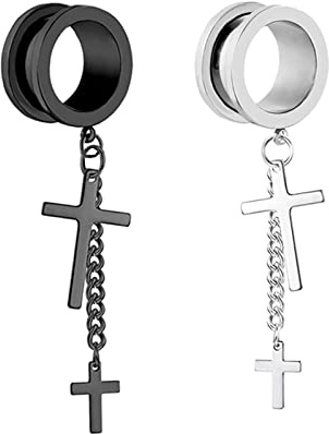 Bishilin Ohr Tunnel 14MM Edelstahl, Ohr Plugs Hängend Kreuz mit Schraubverschluss Piercing Tunnel Ohr Expander 2er Set Silber Schwarz