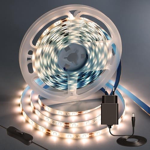 iNextStation 12V LED Streifen Warmweiß, 5M/300 LEDs SMD 2835 Schneidbar LED Strip IP65 Wasserdichtes Selbstklebend LED Leiste Band für DIY Innen Küche Weihnachten Deko, Mit Netzteil