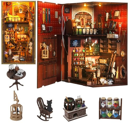 HooySprs DIY Book Nook Kit, DIY Miniatur-Puppenhaus-Kit mit Möbeln und LED-Licht, 3D-Holzpuzzle-Kunst-Bücherregal-Einsatz-Dekor, kreative Buchstützen, Baumodell-Kit, Geburtstagsgeschenk (Mira Magic Ho