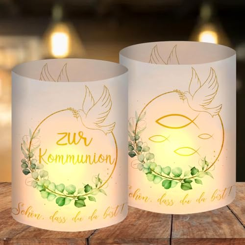 12 Stück Windlicht Tischdeko Kommunion, Zur Kommunion Deko Eukalyptus Grün, Erstkommunion Deko Junge Mädchen Taufdeko, Kommunion Gastgeschenke, Schön DASS Du Da Bist, für Teelichter oder Kerzen