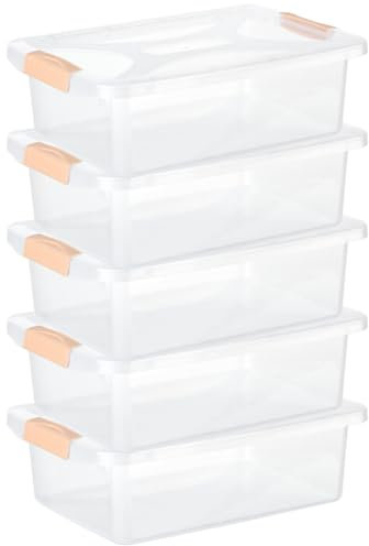 Engelland - 5 x Aufbewahrungsbox mit Deckel und Verschluss-Clips, apricot-transparent, 6 Liter, Plastik-Box, stapelbar, stabil, BPA-frei, lebensmittelecht