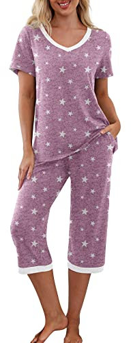 PrinStory Pigiama da donna con maglia a maniche corte e pantaloni lunghi, L