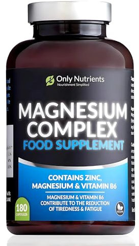 Only Nutrients - Magnesium Complex Food Supplement for Bones/Teeth, Cognitive Function & Skin Hair & Nails, High-Strength Energy Support Supplement Rich in Magnesium Zinc & Vitamin B6, 180 Capsules