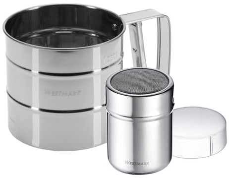 Westmark 2x Puderzuckerstreuer – Feines Mehlsieb mit Einhand-Bedienung aus 100% rostfreiem Edelstahl, Set 2-teilig, spülmaschinenfest, Silber – 250g Volumen 321522E7