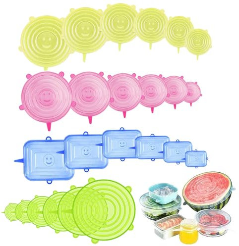 XINGNA Silikondeckel, 24 Stück Silikon Stretch Deckel Set, Silikondeckel Dehnbar Wiederverwendbar, Verschiedenen Größen, Rund und Rechteckig Silicone Stretch Lids für SchüSseln, Dosen, Becher, Obst