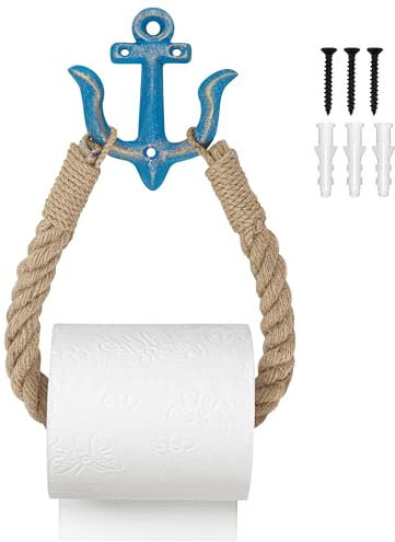Porte-papier toilette nautique mural en corde de jute rustique naturelle avec ancre décorative pour plage et bord de mer (bleu)