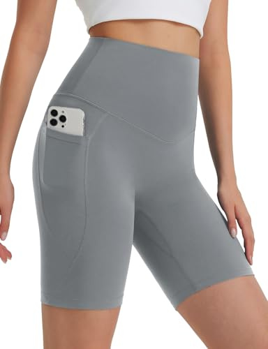 baleaf Cykelshorts för kvinnor med hög midja 7,6 cm/12,7 cm/8 tum löparshorts gym yoga kort med fickor, Grå, L