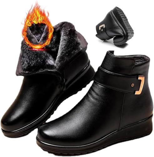 Orthopädische Stiefel für Damen, Metallschnalle, echtes Leder, Wolle, Winter, warm, Schlupfstiefel, Schneestiefel mit seitlichem Reißverschluss, Fleece, verdickt
