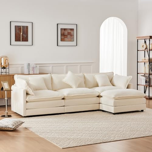Merax Ecksofa 3-Sitzer Sofa mit Polsterhocker, Modernes Polstersofa mit Verdicktes Doppellagiges Kissen, Couch in L Form, Convertible Stoffsofa, Groß Polstermöbel für Wohnzimmer, Schlafzimmer, Beige