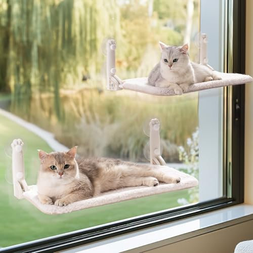 MEWOOFUN Cat Window Bed Hammock for Indoor Cats - Foldable Cat Window Perch w/Reversible Mat, Upgrade Strong Suction Cups Sturdy (Beige-Double, M)