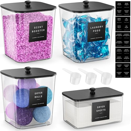 4 Pack Laundry Pods Container, Clear Laundry Room Organization Containers,Large Laundry Detergent Powder Storage Containers Black Wooden Lids & Labels, Acrylic Laundry Pods Holder for Scent Booster