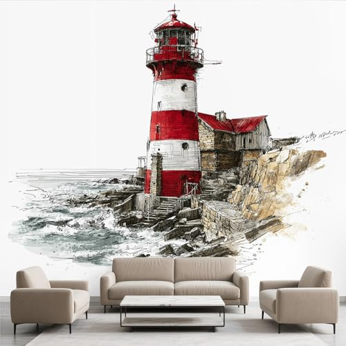 Leuchtturm Rustikaler Meer Strand Tapete Selbstklebende Fototapete Nautisch Maritim Retro Tapeten Landschaft Wandtapete Vinyl Wasserdicht Wandaufkleber für Wohnzimmer Schlafzimmer Küchen 350x260 cm