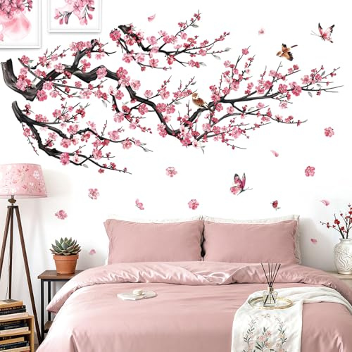decalmile Red Flower Branch Cherry Blossom Tree Floral Wall Decals Stickers | Peel and Stick Decals for Walls, DIY Wall Art Stickers, Removable & Wall-Safe, Vibrant Colors Wall Decor