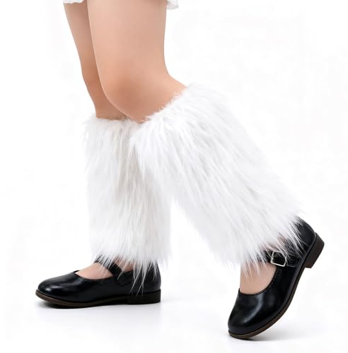 Calentadores de Piernas Pelosas para Niños de 6-10 Años de Edad, Cubiertas de Botas de Piel Falsa para Niños Disfraz Calentadores de Piernas de Invierno con Forro Moda de Invierno Botas (Blanco, 25CM)
