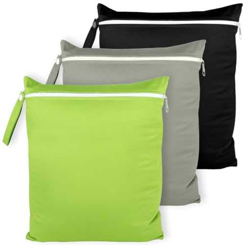 ZUPAPJO 3 Pezzi 40x30 cm Wetbag, Impermeabili Wet Bag Pannolini Lavabili | con Cerniera, Sacchetti Bagnati Riutilizzabili per Costumi da Bagno, Telo da Spiaggia e Pannolini, Nero, Grigio, Verde