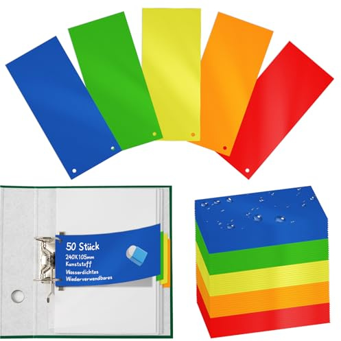Trennstreifen für Ordner A4 Bunt Trennblätter Ordner Plastik 24 x 10,5cm Kunststoff Trennstreifen Mit Universal Lochung Wiederverwendbares 5 Farben für Sortieren und Trennen für Schule Büro 50 Stück