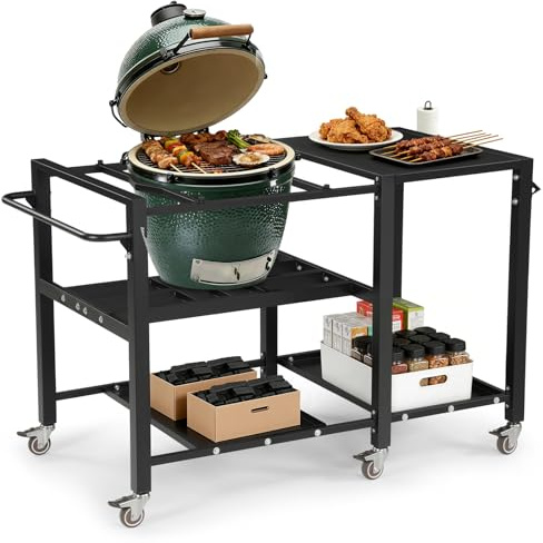 GVGBUK Outdoor Grill Table for Big Green Egg, BBQ Cart with Lockable Wheels | Suitable for Various Sizes of Green Egg Nest Grill Racks, Storage Rack & Bottle Opener, Prep Cooking Station for Party, Black
