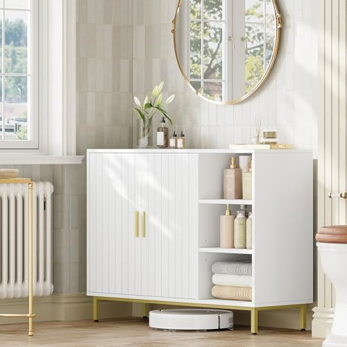 Fobyfurny Badezimmerschrank, Sideboard, 100 x 35 x 75 cm, Weiß und Gold | Badschrank mit 2 Türen und Verstellbare Einlegeböden, für Badezimmer, Küche und Wohnzimmer, FFBC021PW1