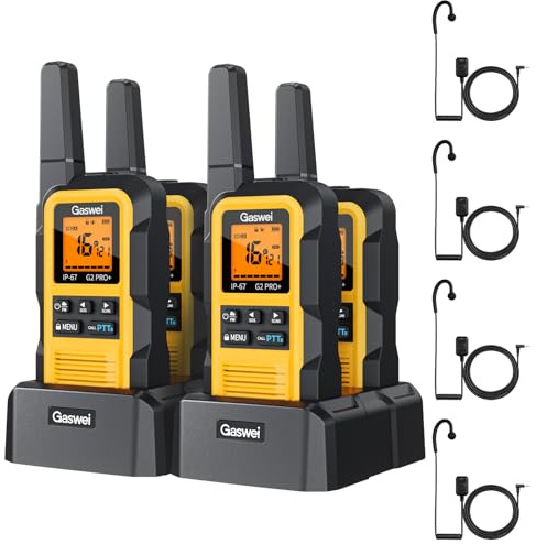 Gaswei G2Pro+ Walkie Talkie 4er Set mit Kopfhörern IP67 Wasserdicht | PMR446 Funkgeräte, Doppel-PTT, SOS-Alarm, VOX, FM Radio, Schwimmfähig für Bergsteigen, Reisen, Baustelle, Angeln & Camping