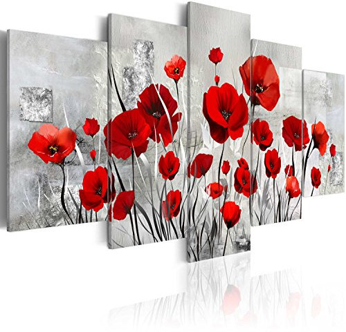 B&D XXL - Wandbilder XXL Blumen 200x100cm 5 tlg - Wand Deko Leinwand Bilder Groß Wanddeko Wohnzimmer Schlafzimmer Kunstdrucke - Mohnblumen Natur Textur Vintage wie gemalt