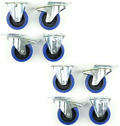 2 Satz 100mm Blue Wheels Transportrollen Lenkrollen mit Bremse/Feststellbremse + Bockrollen, Elastik-Rad blau, 180kg / Rad - INDUSTRIEQALITÄT (4x Brems + 4x Bock)