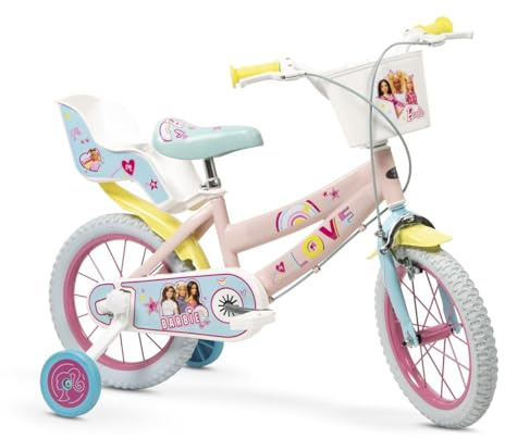 Toimsa Barbie Love 14 inch Bicycle, Kids Bike learn to ride, with training wheel stabilisers and mudguard, for children/youth age 4-6 Years, Pink and Yellow