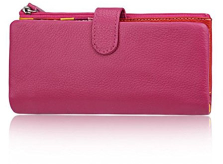 AprinCtempsD Damen Geldbörse Echt Leder Portemonnaie Bunt Clutch Lange Geldbeutel Große Kapazität mit Reißverschluss (Rosa)