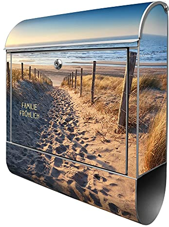 banjado® Design Briefkasten personalisiert Nordseestrand 38,5x46,5x13cm & 2 Schlüssel - Briefkasten Stahl Silber Zeitungsfach pulverbeschichtet - Postkasten A4 Einwurf inkl. Montagematerial