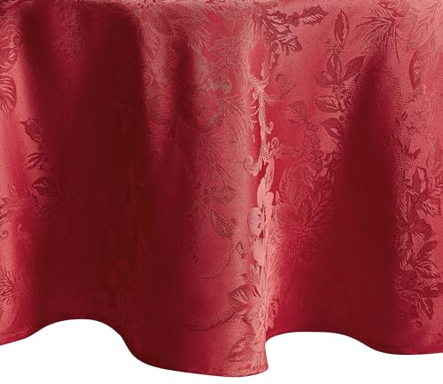 Elrene Home Fashions Eleganter Weihnachtsstern-Jacquard-Tischdecke für Weihnachten/Urlaub, wasserdicht, schmutzabweisend, 228,6 x 228,6 cm, rund, Rot
